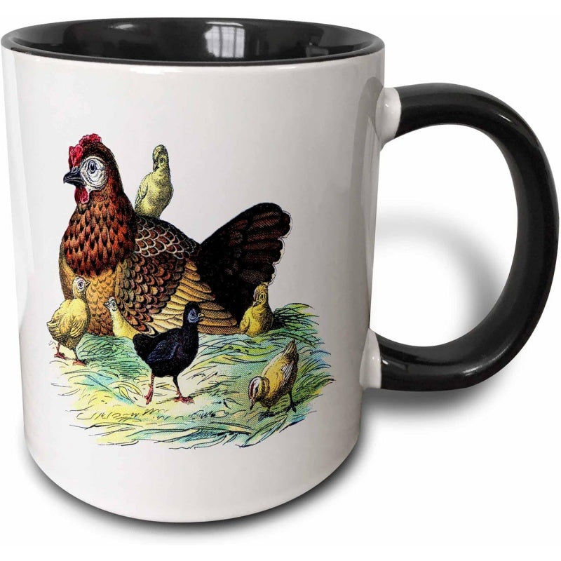 Tailorly Black Accent 11 oz Mug - 4 chickens and hen vintage print