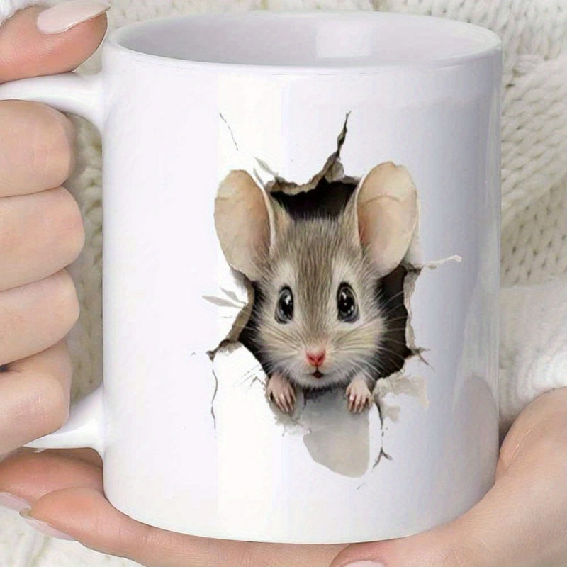 Tailorly White Ceramic 11 oz Mug - Adorable Little Rodent Peering Out Through A Realistic Torn Paper Opening Mouse