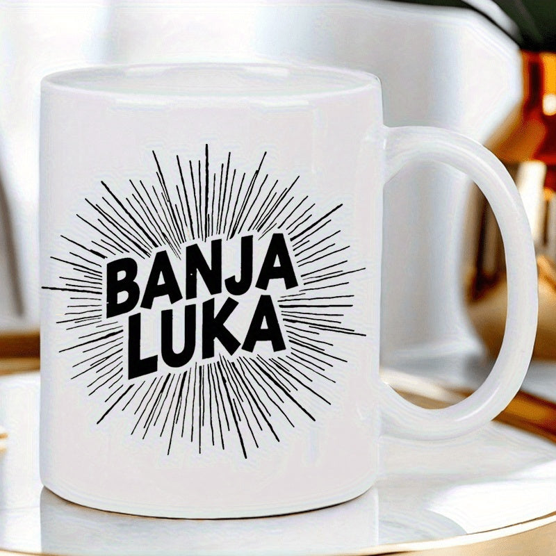 Tailorly White Ceramic 11 oz Mug - Banja Luka Bold Black Radiating Sunburst Lines Surrounding City Name Sunburst