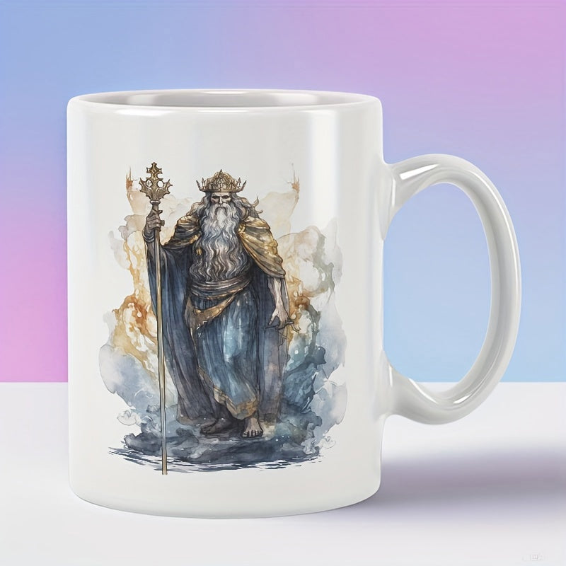 Tailorly White Ceramic 11 oz Mug - Mythical Ancient Figure Holding Golden Scepter Among Ethereal Watercolor Smoke Wizard