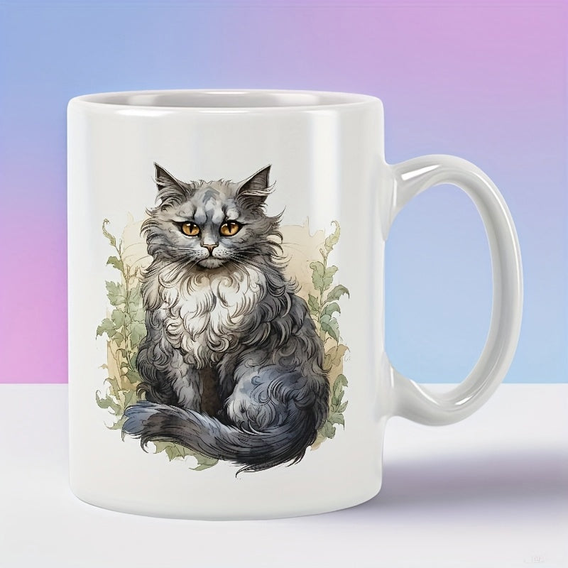 Tailorly White Ceramic 11 oz Mug - Elegant Grey Longhair Feline Resting Within Delicate Green Floral Foliage Cat