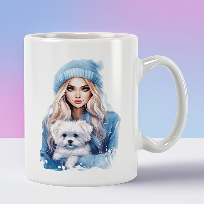 Tailorly White Ceramic 11 oz Mug - Beautiful Blonde Woman Wearing Blue Beanie Holding Small White Fluffy Dog Woman