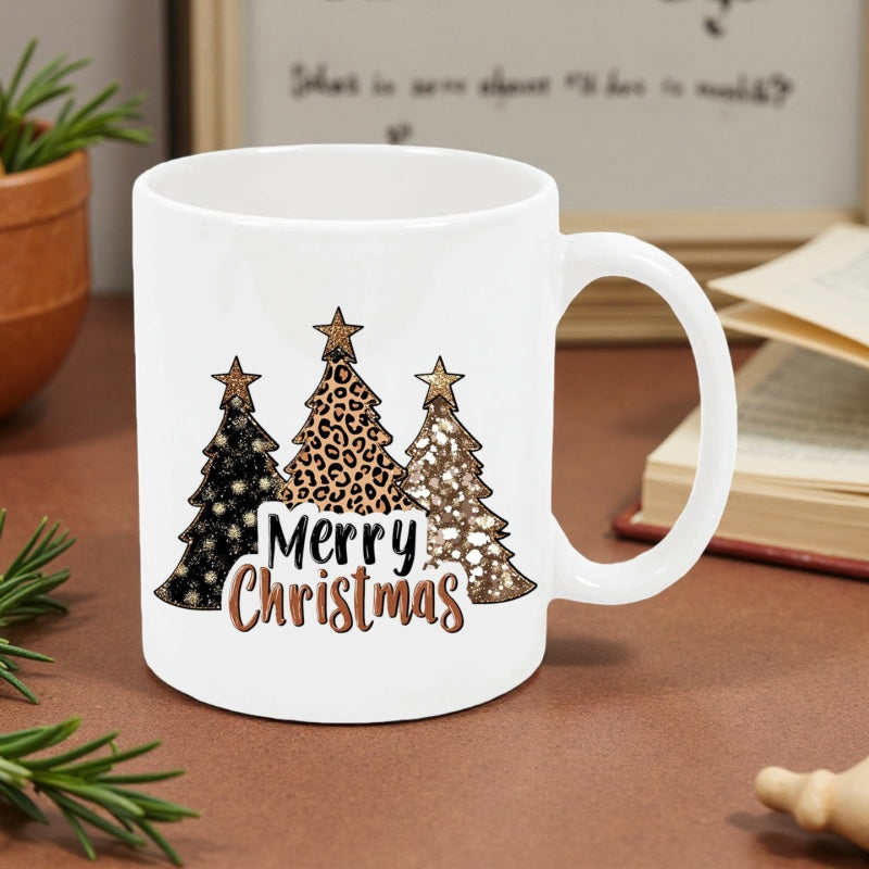 Tailorly White Ceramic 11 oz Mug - Merry Christmas Festive Leopard Print And Star Topped Patterned Holiday Trees