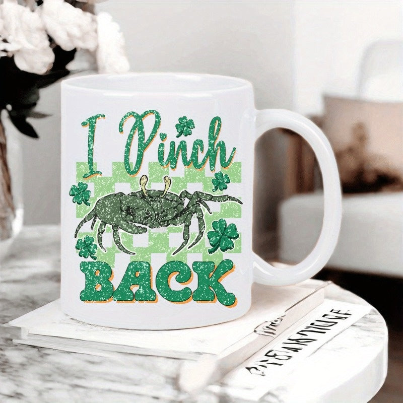 Tailorly White Ceramic 11 oz Mug - I Pinch Back Green Crab Decorated With Lucky Shamrocks And Checkered Background Crab