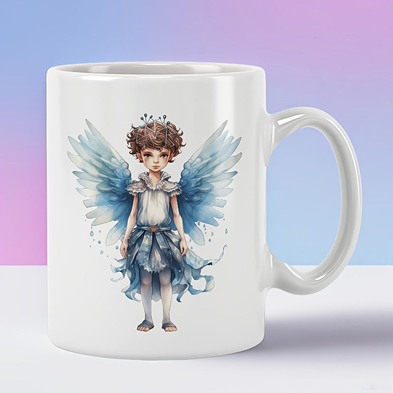 Tailorly White Ceramic 11 oz Mug - Ethereal Small Boy With Majestic Blue Wings And Flowing Garments Fairy