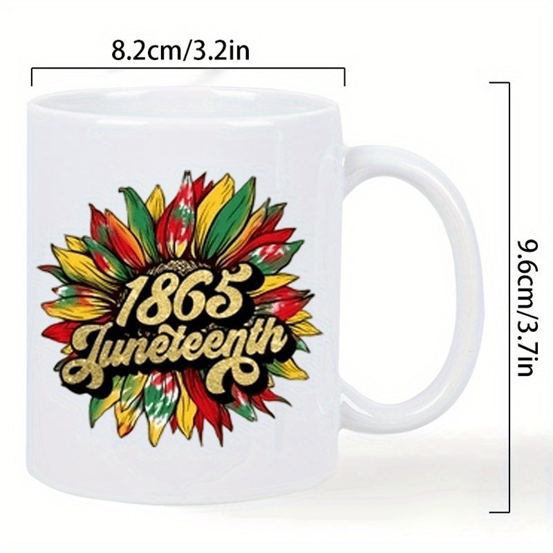 Tailorly White Ceramic 11 oz Mug - 1865 Juneteenth Vibrant Red Yellow And Green Pan African Colored Petals Blooming Sunflower