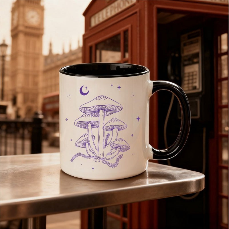 Tailorly Black Accent 11 oz Mug - whimsical fantasy purple mushroom moon art illustration