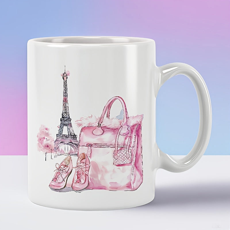 Tailorly White Ceramic 11 oz Mug - Elegant Watercolor Paris Scene With Pink Handbag And Blossoming Trees Eiffel Tower
