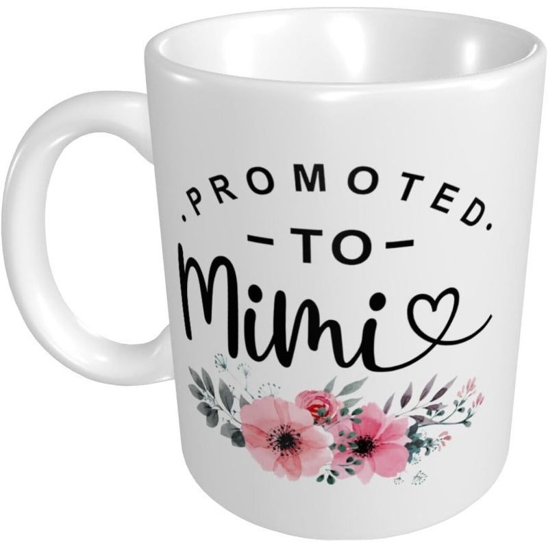 Tailorly White Ceramic 11 oz Mug - Promoted To Mimi Elegant Pink Watercolor Blossoms With Soft Green Leaves Floral Bouquet