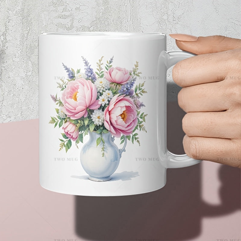 Tailorly White Ceramic 11 oz Mug - Elegant Pink Peonies Blooming Within A Vintage White Ceramic Pitcher Flower
