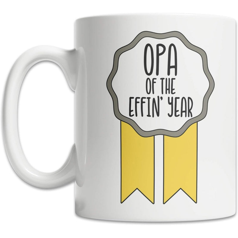 Tailorly White Ceramic 11 oz Mug - Opa Of The Effin Year Simple Scalloped Circular Award Design With Two Yellow Vertical Ribbons Badge