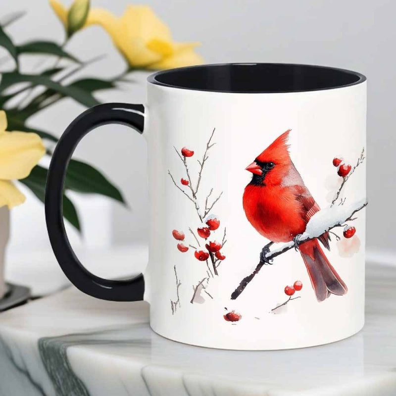 Tailorly Black Accent 11 oz Mug - red birds and berry branches