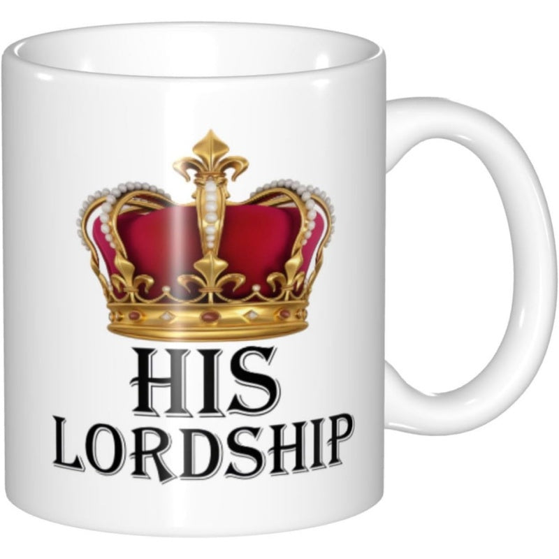 Tailorly White Ceramic 11 oz Mug - His Lordship Elegant Royal Golden Design With Red Velvet And Pearls Crown