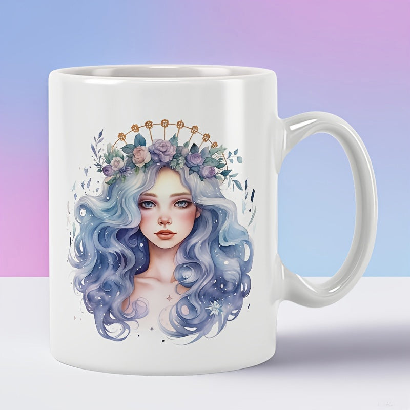 Tailorly White Ceramic 11 oz Mug - Ethereal With Flowing Blue Hair Wearing Floral Crown And Celestial Halo Girl