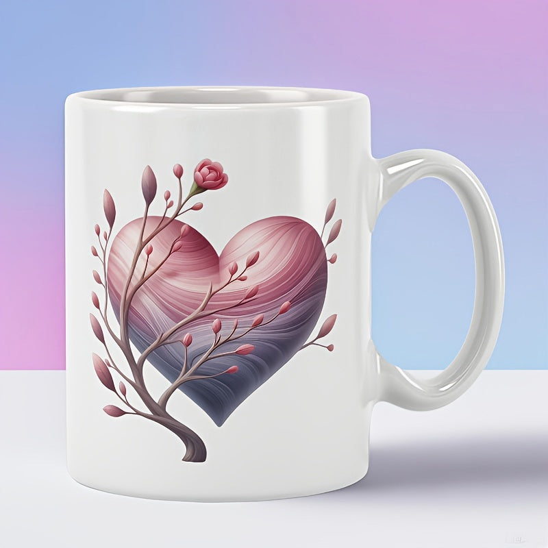 Tailorly White Ceramic 11 oz Mug - Elegant Artistic Wooden Texture Gradient With Delicate Flowering Rose Branch Heart