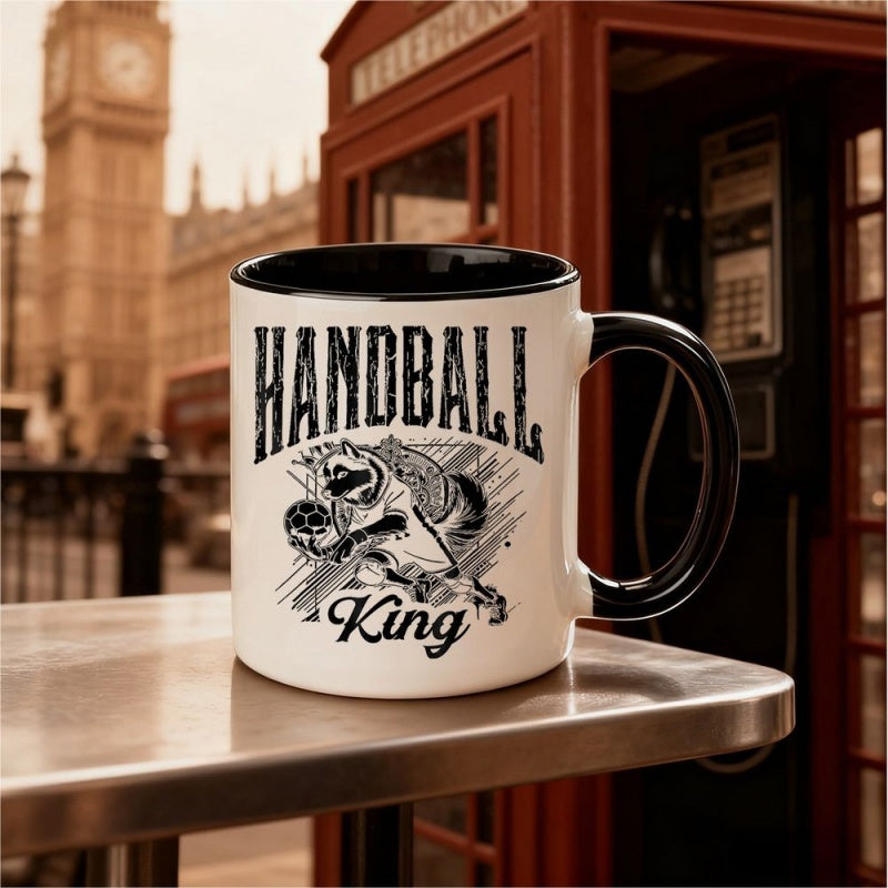 Tailorly Black Accent 11 oz Mug - raccoon with handball and soccer ball， handball text