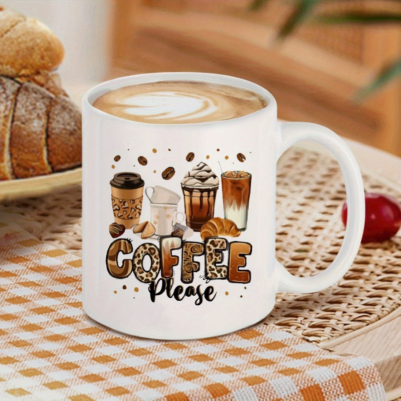 Tailorly White Ceramic 11 oz Mug - Coffee Please Assorted Refreshing Drinks With Floating Beans And A Fresh Croissant Coffee