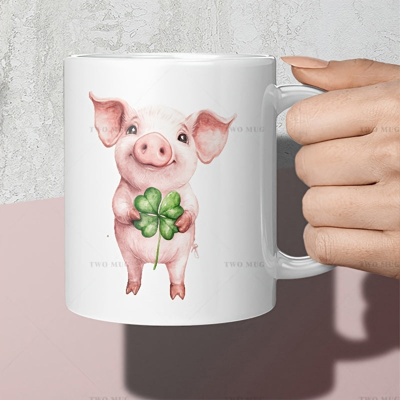 Tailorly White Ceramic 11 oz Mug - Smiling Watercolor Illustration Of A Cute Pink Piglet Holding A Green Clover Pig