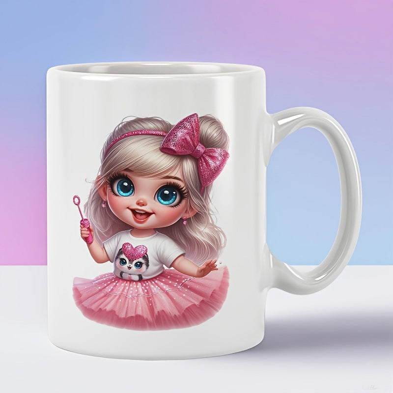 Tailorly White Ceramic 11 oz Mug - Charming Little Girl Wearing Pink Tutu And Bow Holding Bubble Wand Girl