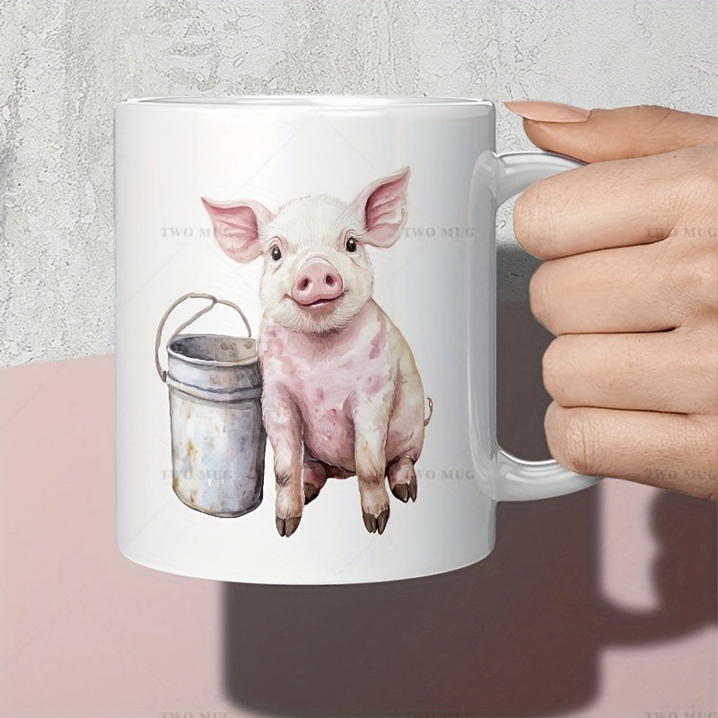 Tailorly White Ceramic 11 oz Mug - Adorable Pink Watercolor Piglet Sitting Beside A Rustic Metal Bucket Pig