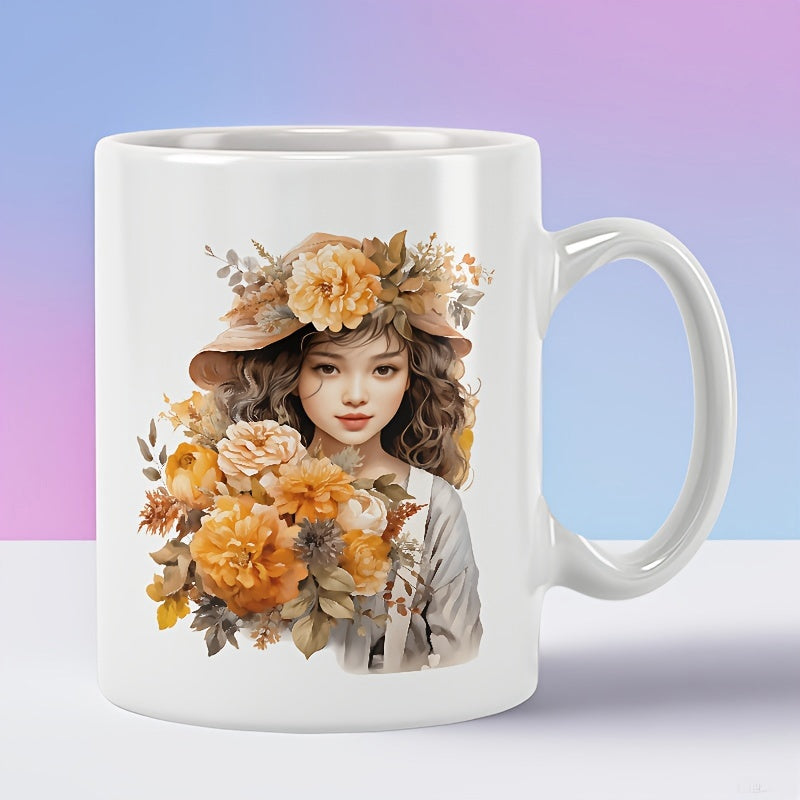 Tailorly White Ceramic 11 oz Mug - Beautiful Vintage Youthful Figure Surrounded By Vibrant Golden Blooming Autumnal Flowers Girl
