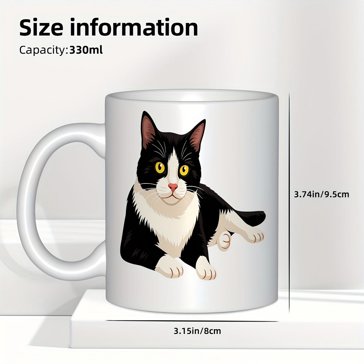 Tailorly White Ceramic 11 oz Mug - Charming Black And White Tuxedo Pet Relaxing On White Background Cat