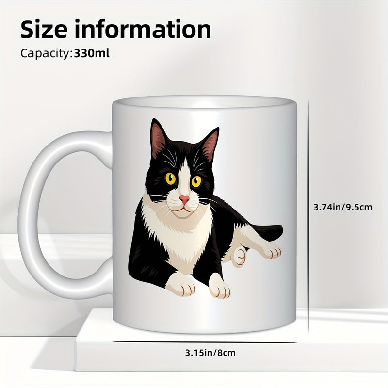 Tailorly White Ceramic 11 oz Mug - Charming Black And White Tuxedo Pet Relaxing On White Background Cat