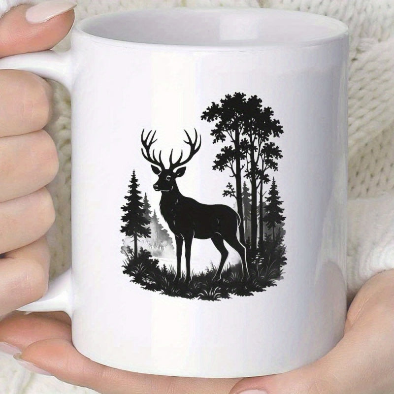 Tailorly White Ceramic 11 oz Mug - Majestic Black Silhouette Standing Among Pine Trees In Wilderness Deer