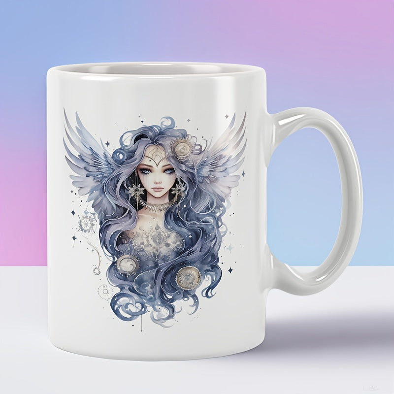 Tailorly White Ceramic 11 oz Mug - Ethereal Celestial Maiden With Flowing Blue Hair And Majestic Wings Goddess