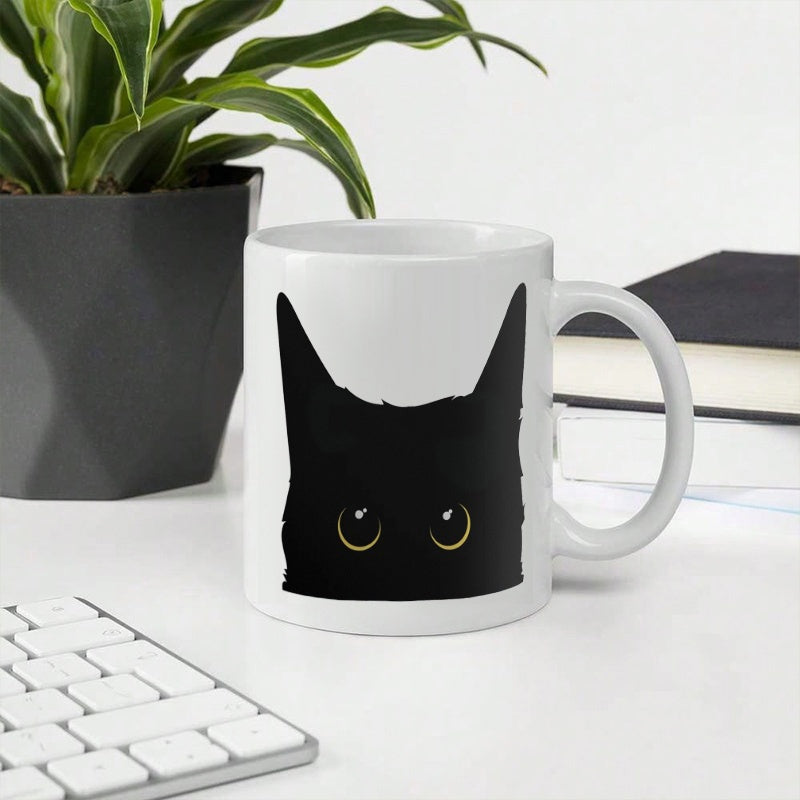 Tailorly White Ceramic 11 oz Mug - Curious Minimalist Peeking Black Cat Silhouette With Large Golden Eyes Cat