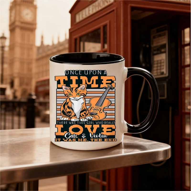 Tailorly Black Accent 11 oz Mug - cute cat playing violin， girl， cats， violin， text "was this girl who"