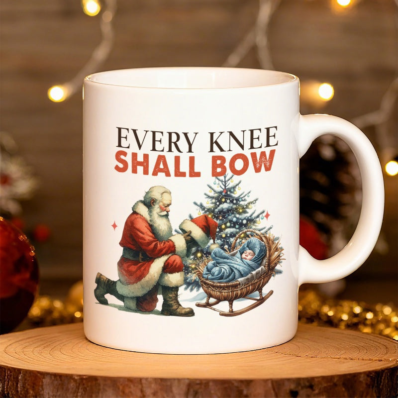 Tailorly White Ceramic 11 oz Mug - Every Knee Shall Bow Traditional Santa Claus Kneeling Before A Manger Under A Decorated Tree Santa