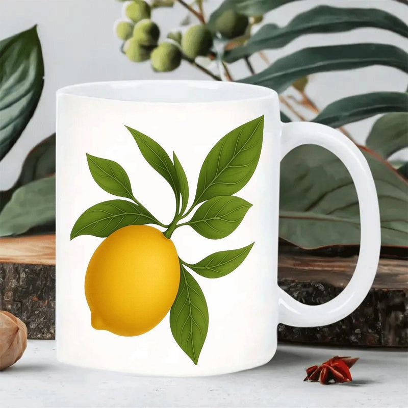Tailorly White Ceramic 11 oz Mug - Fresh Yellow Fruit Hanging From Green Leafy Branch On Botanical Lemon