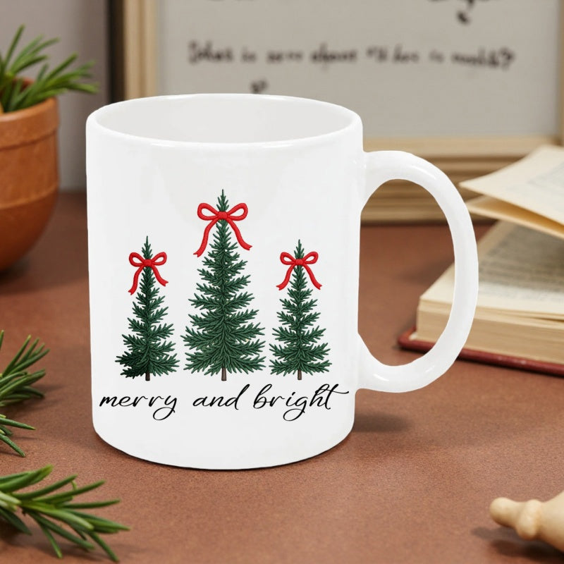 Tailorly White Ceramic 11 oz Mug - Merry And Bright Three Evergreen Trees Decorated With Elegant Red Bows Pine Tree