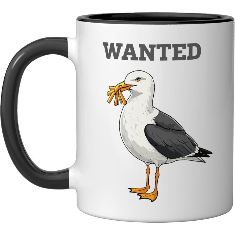Tailorly Black Accent 11 oz Mug - wanted fries seagull text "wanted"， fries， seagull illustration