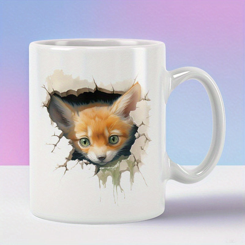Tailorly White Ceramic 11 oz Mug - Cute Baby Animal Peering Through A Realistic Cracked Wall Effect Fox