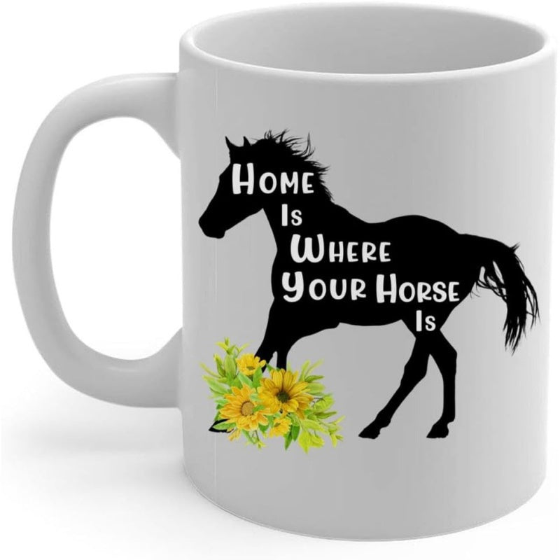 Tailorly White Ceramic 11 oz Mug - Home Is Where Your Horse Is Silhouette Of A Majestic Galloping Animal With Vibrant Floral Yellow Sunflower Accents Horse