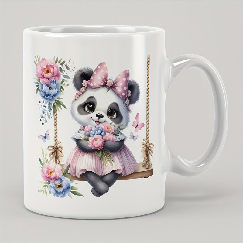 Tailorly White Ceramic 11 oz Mug - Adorable Little Panda Girl On Swing Surrounded By Colorful Spring Blossoms Panda