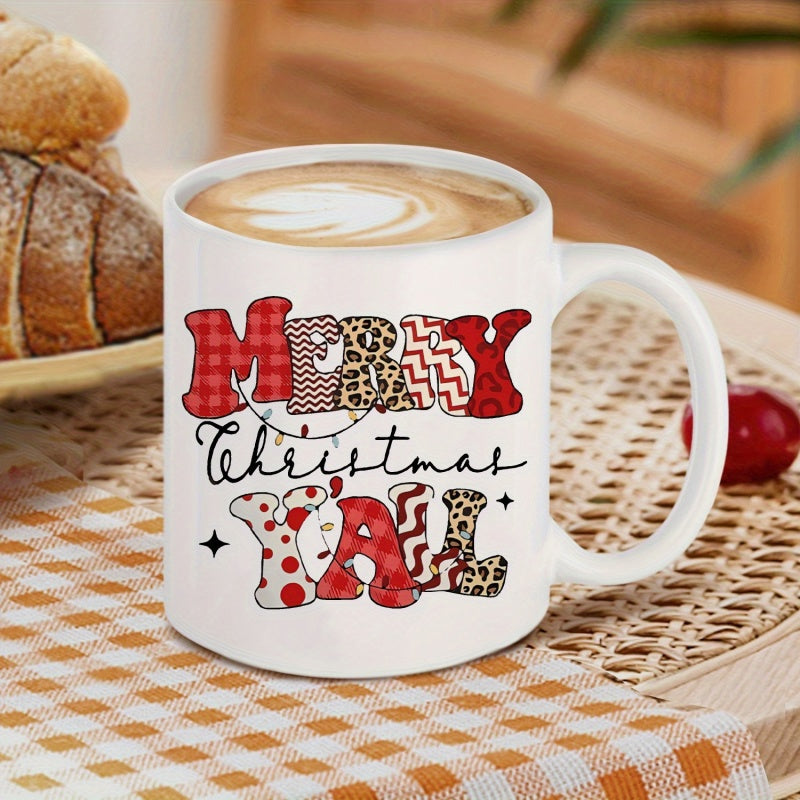 Tailorly White Ceramic 11 oz Mug - Merry Christmas Yall Festive Large Block Letters With Buffalo Plaid And Leopard Pattern Sign