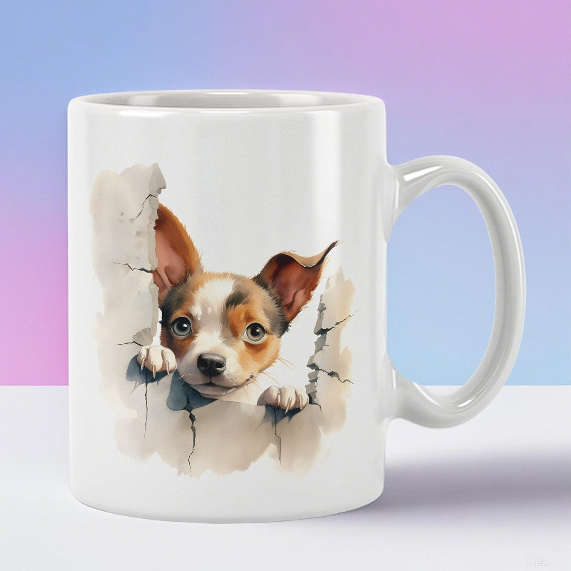 Tailorly White Ceramic 11 oz Mug - Cute Spotted Puppy Peeking Through A Realistic Cracked Surface Hole Dog