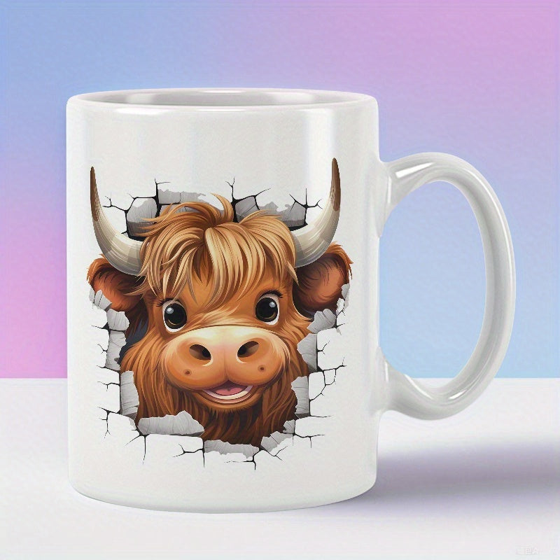 Tailorly White Ceramic 11 oz Mug - Cute Fluffy Brown Highland Cow Peeking Through Realistic Cracked White Wall Cow