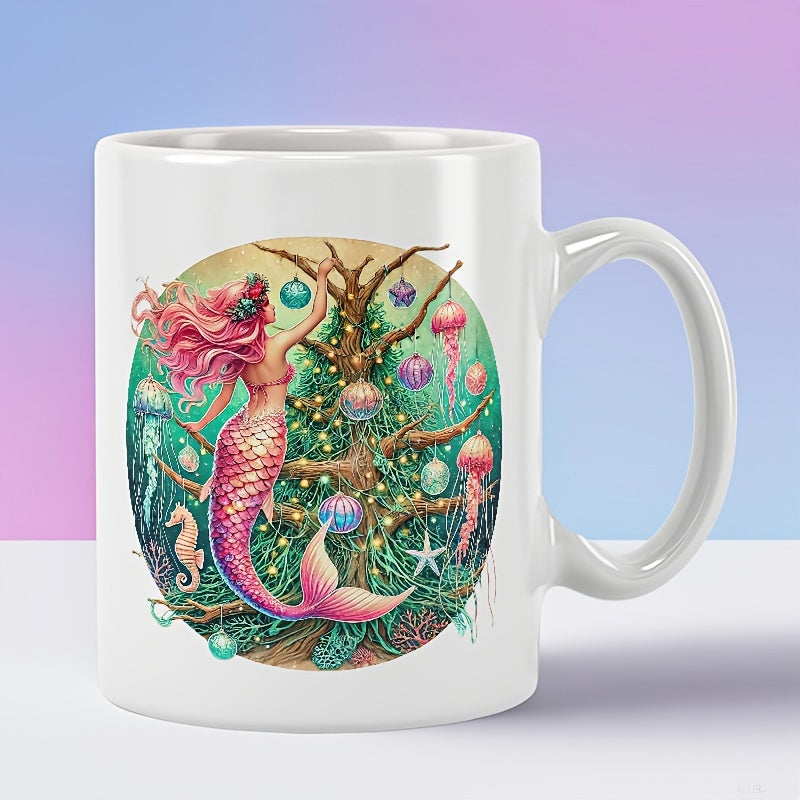 Tailorly White Ceramic 11 oz Mug - Graceful Pink Haired Figure Decorating Underwater Coral Tree With Ornaments Mermaid