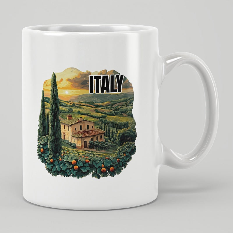 Tailorly White Ceramic 11 oz Mug - Italy Scenic Sunset Rolling Hills Cypress Trees And Vintage Rustic House Countryside