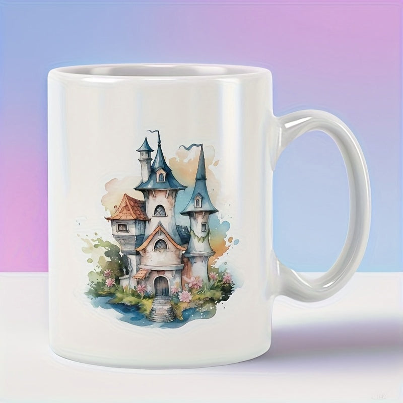 Tailorly White Ceramic 11 oz Mug - Whimsical Watercolor Fairytale Dwelling Surrounded By Lush Garden Plants And Flowers Castle