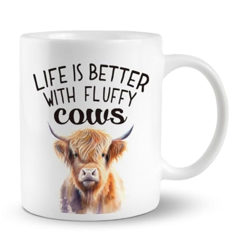 Tailorly White Ceramic 11 oz Mug - Life Is Better With Fluffy Cows Adorable Rustic Highland Cattle Featuring Shaggy Brown Fur And Horns Cow