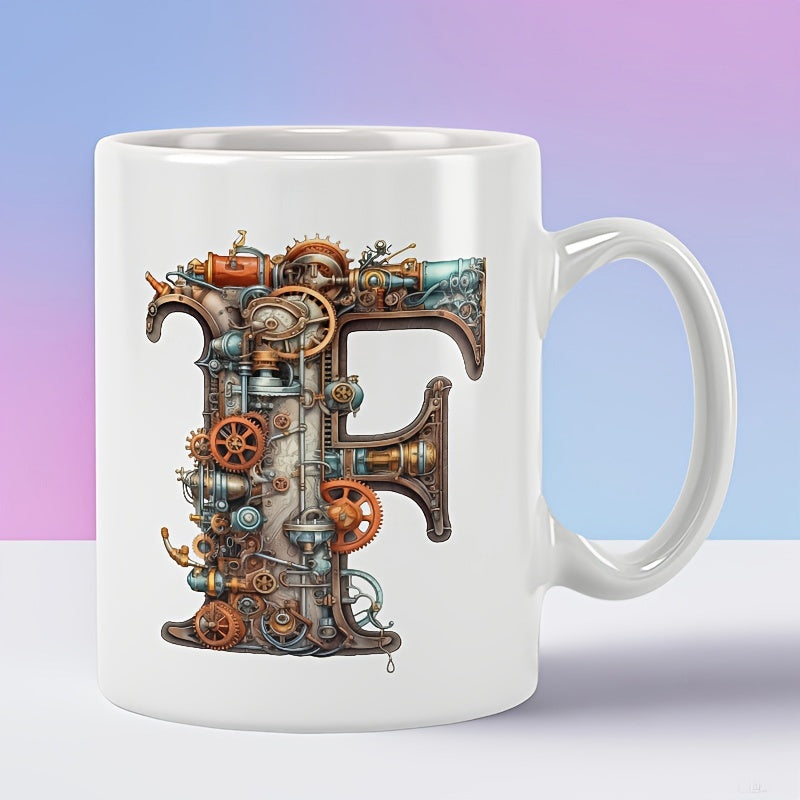 Tailorly White Ceramic 11 oz Mug - Intricate Metallic Steampunk Gears And Mechanical Pipes Forming A Large Artistic Letter F