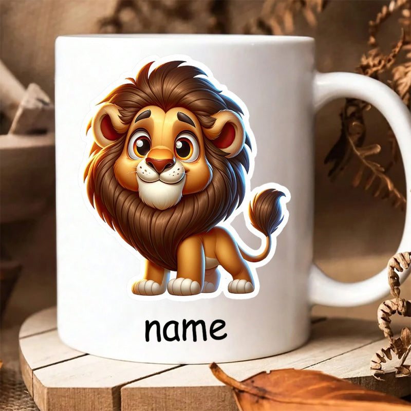 Tailorly White Ceramic 11 oz Mug - Name Cute Friendly Cartoon King With Large Mane Standing Proudly Lion