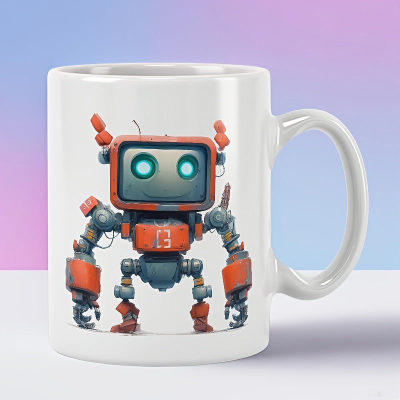 Tailorly White Ceramic 11 oz Mug - 03 Cute Small Mechanical Creature With Glowing Blue Eyes And Red Armor Robot