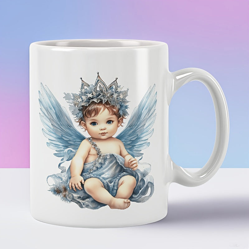 Tailorly White Ceramic 11 oz Mug - Charming Little Baby Wearing Blue Wings And A Glittering Silver Crown Angel