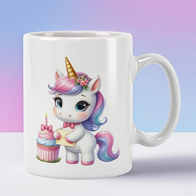 Tailorly White Ceramic 11 oz Mug - Adorable Cartoon Character Standing Next To A Sweet Birthday Cupcake Unicorn